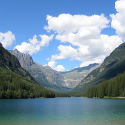 A beautiful landscape featuring a serene lake surrounded by lush green forests and majestic mountains under a clear blue sky with fluffy white clouds