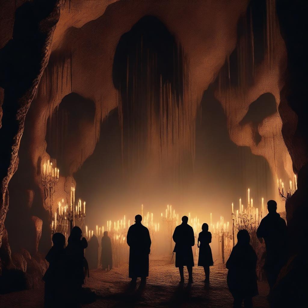 Create an image with the background of a cavern filled with stalactites