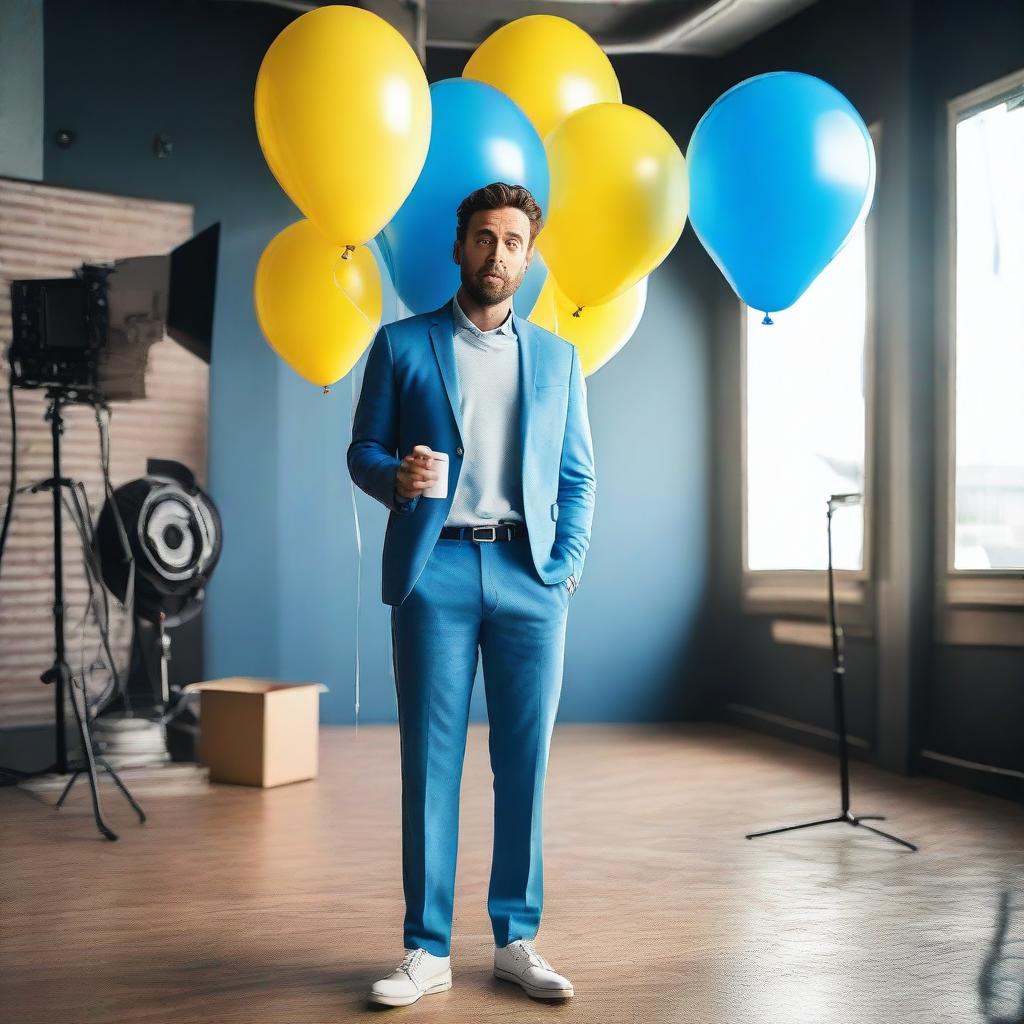 Create an image of a movie actor wearing blue clothes, holding balloons, with a film set in the background