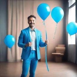 Create an image of a movie actor wearing blue clothes, holding balloons, with a film set in the background