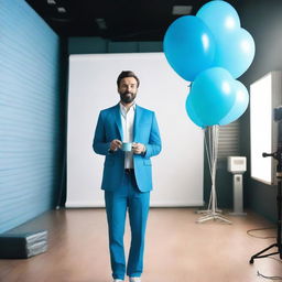 Create an image of a movie actor wearing blue clothes, holding balloons, with a film set in the background