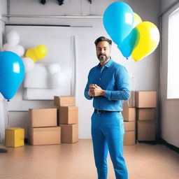 Create an image of a movie actor wearing blue clothes, holding balloons, with a film set in the background