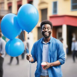 A film actor dressed in blue clothing holding balloons on a movie set background