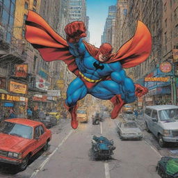 An action-packed comic strip containing a superhero battling villainous forces in a bustling metropolitan setting with vibrant colors and dynamic lines