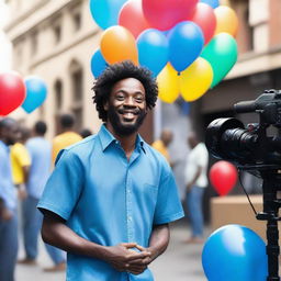 A film actor dressed in blue clothing holding balloons on a movie set background