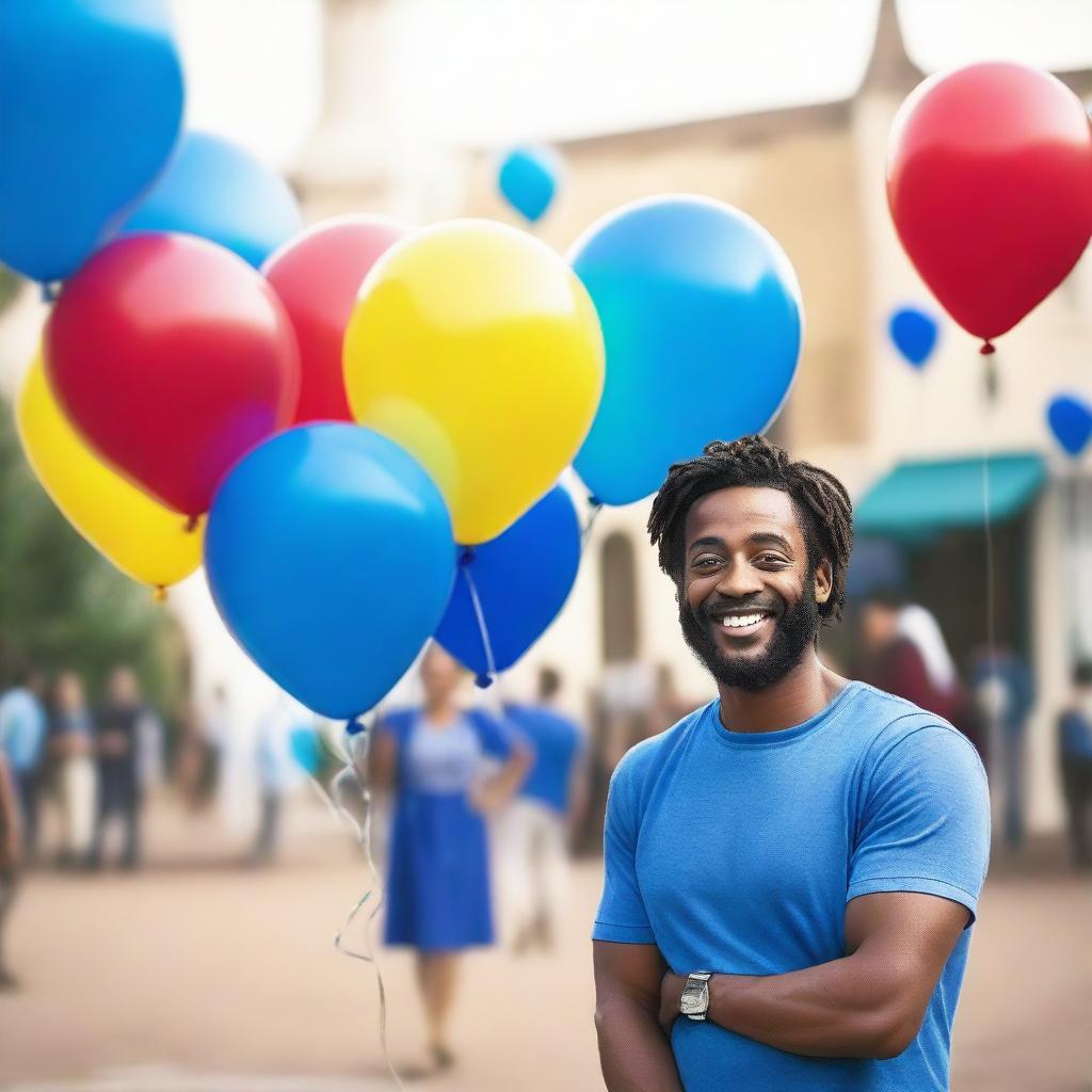 A film actor dressed in blue clothing holding balloons on a movie set background