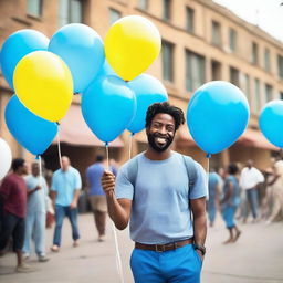 A film actor dressed in blue clothing holding balloons on a movie set background