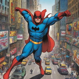 An action-packed comic strip containing a superhero battling villainous forces in a bustling metropolitan setting with vibrant colors and dynamic lines