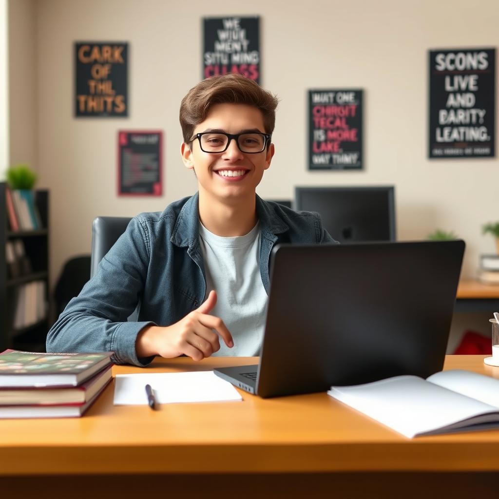 A happy college student sitting at a desk, confidently giving a Data Structures and Algorithms (DSA) round interview