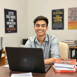 A happy college student sitting at a desk, confidently giving a Data Structures and Algorithms (DSA) round interview