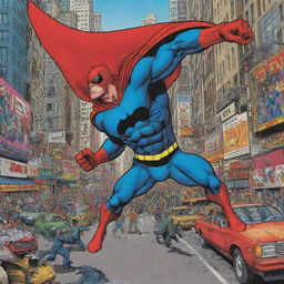 An action-packed comic strip containing a superhero battling villainous forces in a bustling metropolitan setting with vibrant colors and dynamic lines