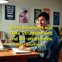 A happy college student sitting at a desk, confidently giving a Data Structures and Algorithms (DSA) round interview