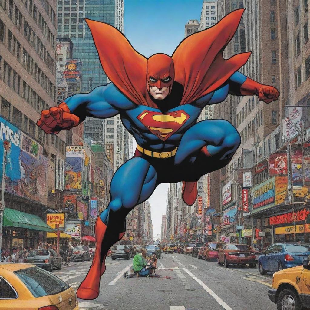 An action-packed comic strip containing a superhero battling villainous forces in a bustling metropolitan setting with vibrant colors and dynamic lines