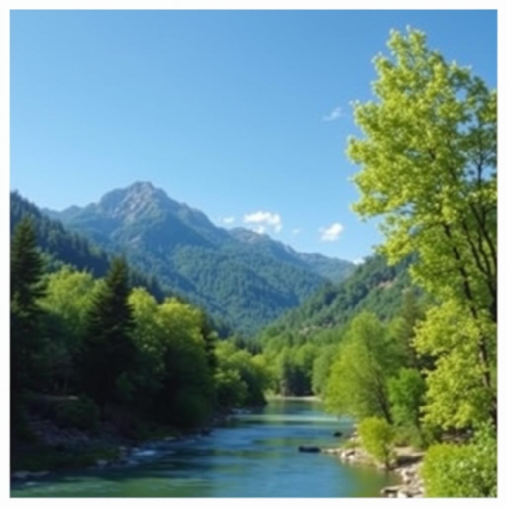 Create an image of a serene mountain landscape with a clear blue sky, lush green trees, and a calm river flowing through the valley