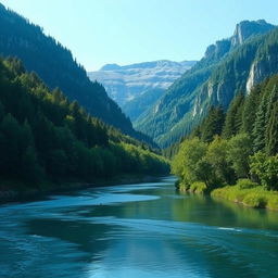 Create an image of a serene mountain landscape with a clear blue sky, lush green trees, and a calm river flowing through the valley