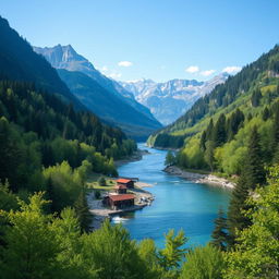 Create an image of a serene mountain landscape with a clear blue sky, lush green trees, and a calm river flowing through the valley