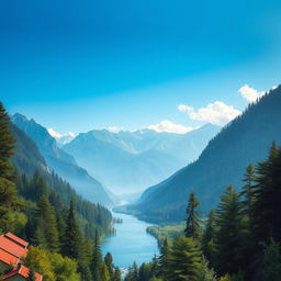 Create an image of a serene mountain landscape with a clear blue sky, lush green trees, and a calm river flowing through the valley