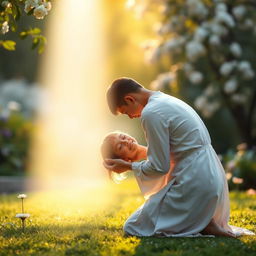 A serene and peaceful scene featuring a person receiving a blessing