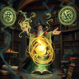 A magical scene of enchantment where a sorcerer is casting a spell