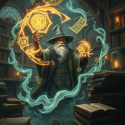 A magical scene of enchantment where a sorcerer is casting a spell