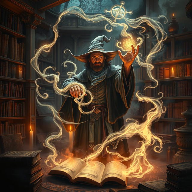 A magical scene of enchantment where a sorcerer is casting a spell