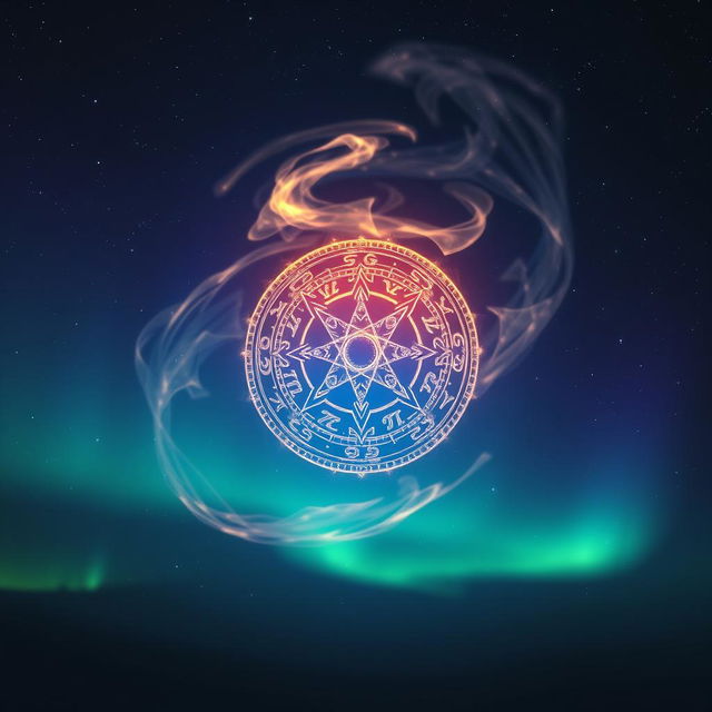 A glowing magic symbol floating in the air, surrounded by swirling mystical energy