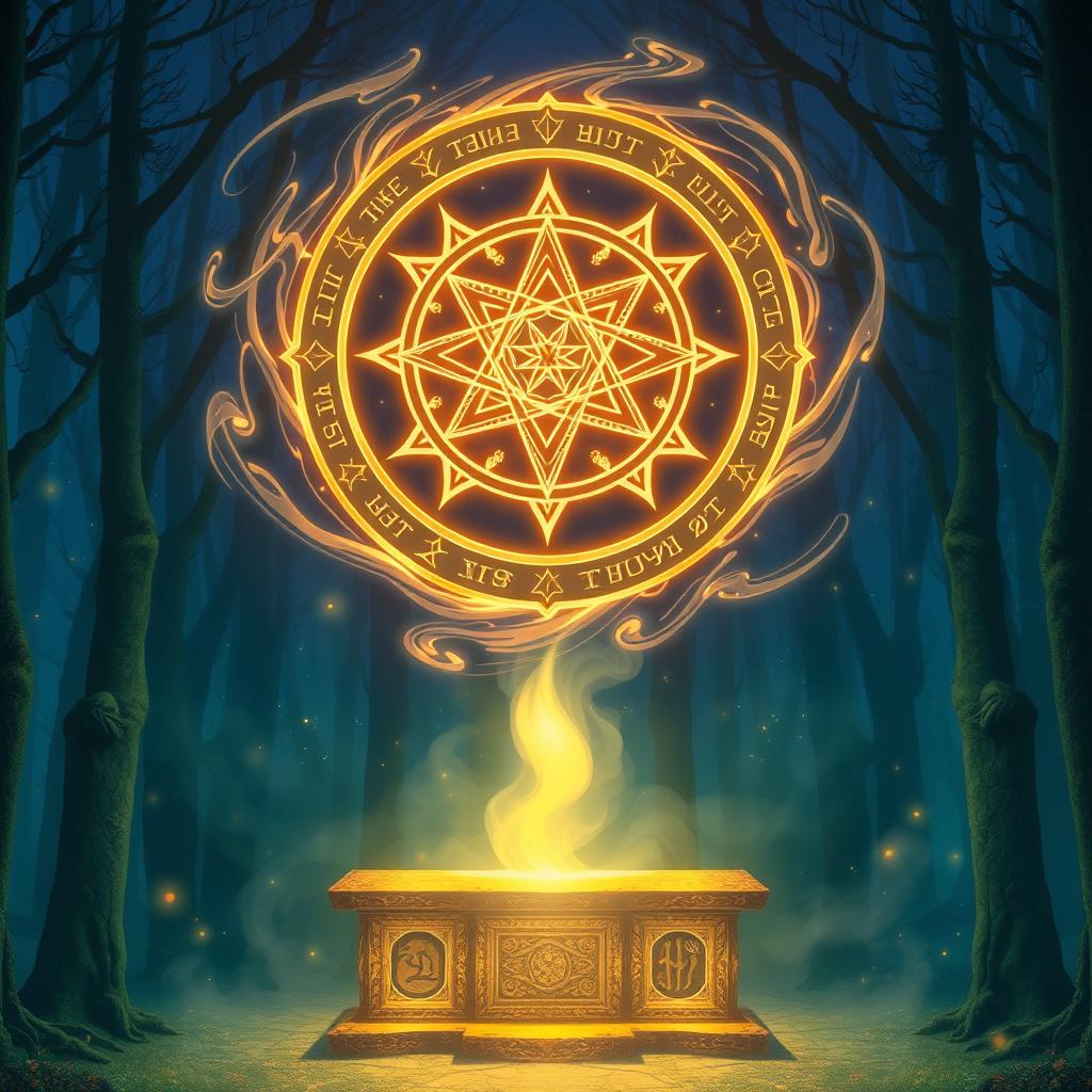 A glowing magic symbol floating above an ancient altar, surrounded by swirling mystical energy