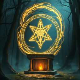 A glowing magic symbol floating above an ancient altar, surrounded by swirling mystical energy