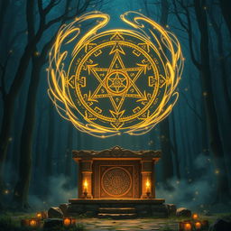 A glowing magic symbol floating above an ancient altar, surrounded by swirling mystical energy