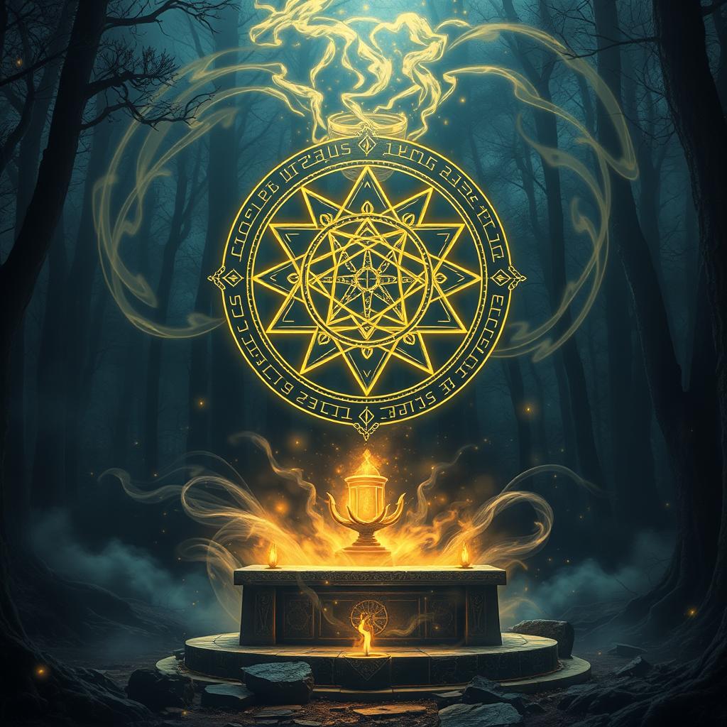 A glowing magic symbol floating above an ancient altar, surrounded by swirling mystical energy