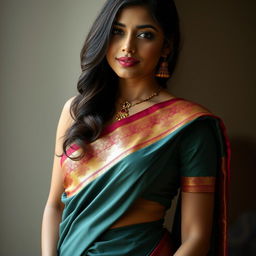 A young Indian woman dressed in form-fitting traditional attire