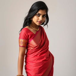 A young Indian woman dressed in form-fitting traditional attire