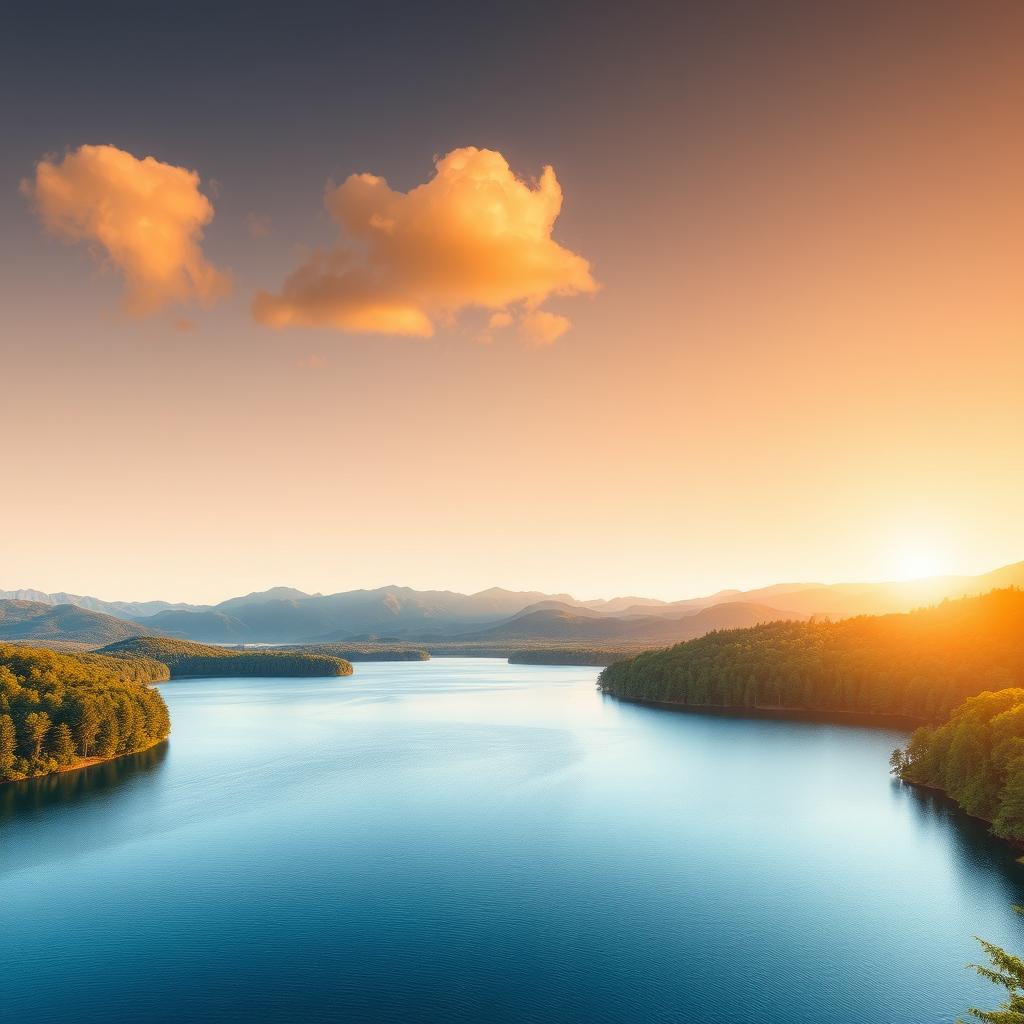 A beautiful landscape featuring a serene lake surrounded by lush green trees and mountains in the background