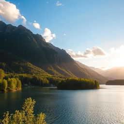 A beautiful landscape featuring a serene lake surrounded by lush green trees and mountains in the background