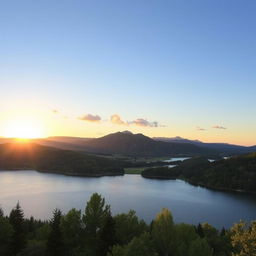 A beautiful landscape featuring a serene lake surrounded by lush green trees and mountains in the background