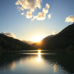 A beautiful landscape featuring a serene lake surrounded by lush green trees and mountains in the background