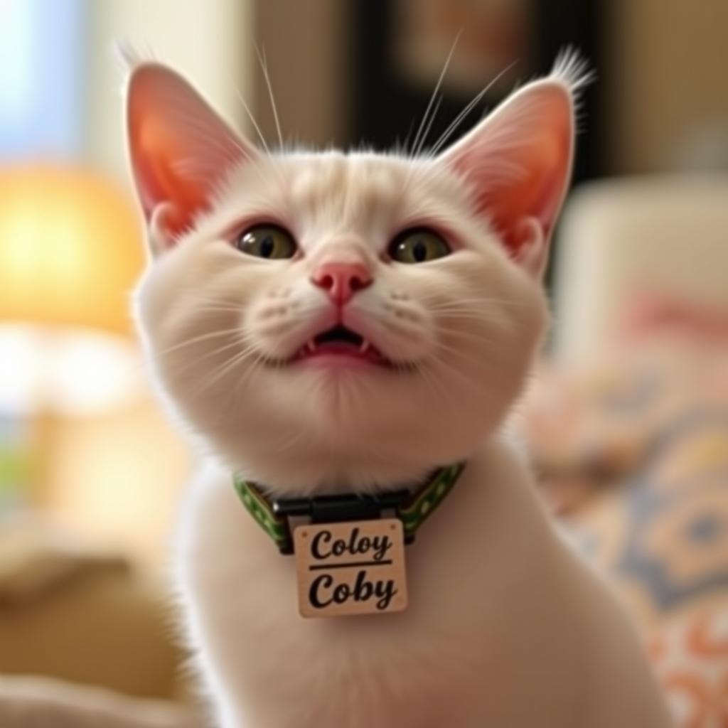 A cute white cat wearing a collar with a name tag that says 'Coby'