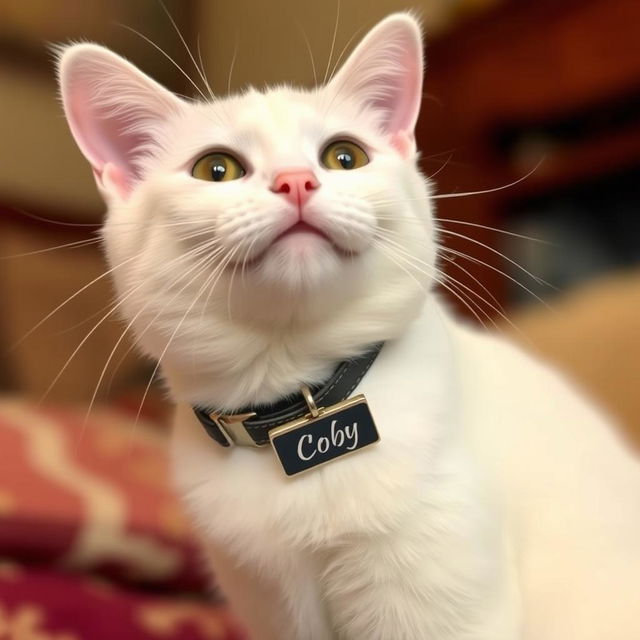 A cute white cat wearing a collar with a name tag that says 'Coby'