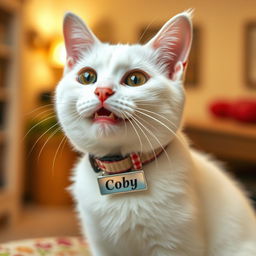 A cute white cat wearing a collar with a name tag that says 'Coby'