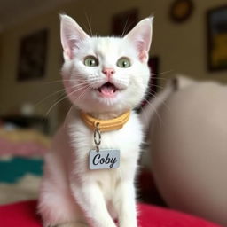 A cute white cat wearing a collar with a name tag that says 'Coby'