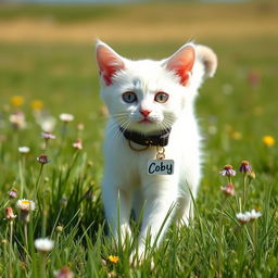 A cute white cat wearing a collar with a name tag that says 'Coby', walking through a beautiful countryside field