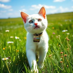 A cute white cat wearing a collar with a name tag that says 'Coby', walking through a beautiful countryside field