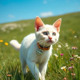 A cute white cat wearing a collar with a name tag that says 'Coby', walking through a beautiful countryside field