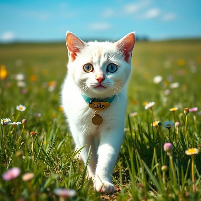 A cute white cat wearing a collar with a name tag that says 'Coby', walking through a beautiful countryside field