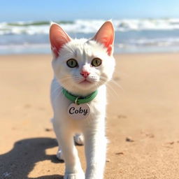 A cute white cat wearing a collar with a name tag that says 'Coby', walking along a sandy beach