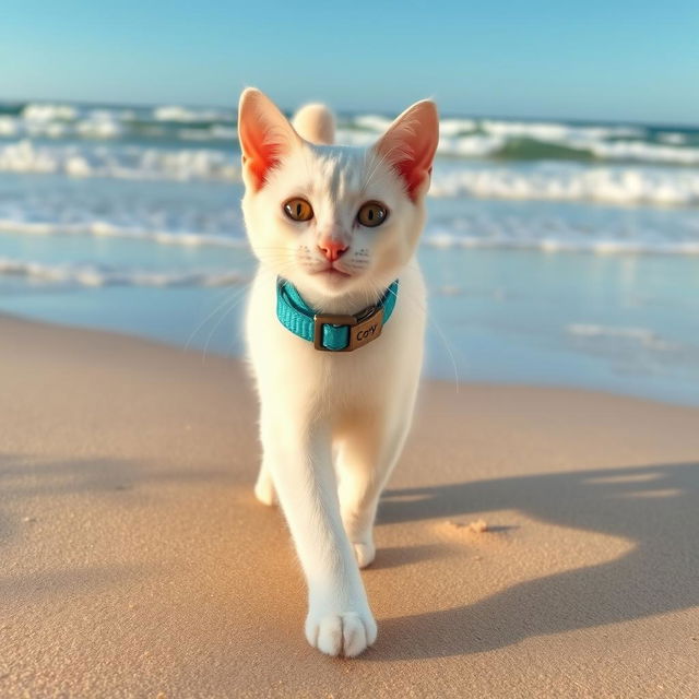 A cute white cat wearing a collar with a name tag that says 'Coby', walking along a sandy beach