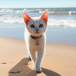 A cute white cat wearing a collar with a name tag that says 'Coby', walking along a sandy beach