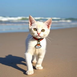 A cute white cat wearing a collar with a name tag that says 'Coby', walking along a sandy beach