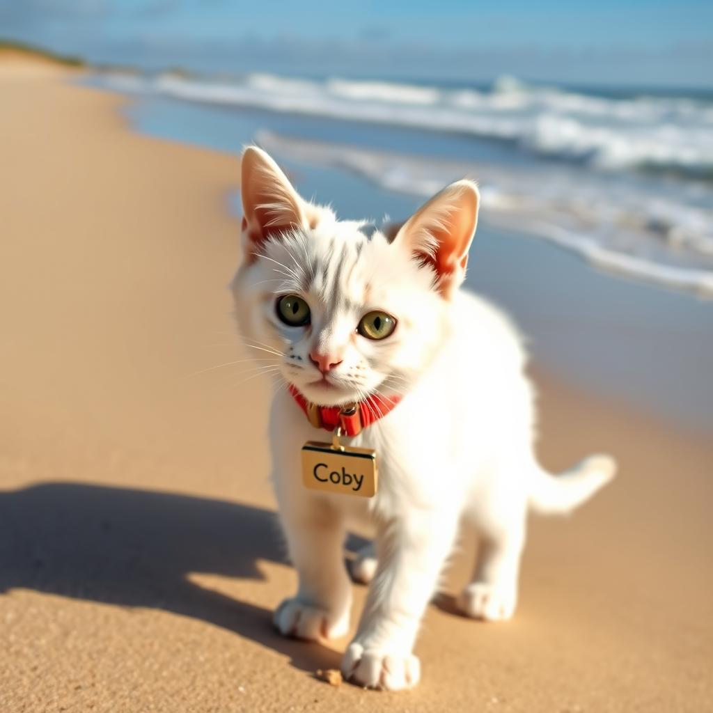 A cute white cat wearing a square collar with a name tag that says 'Coby', walking along a sandy beach