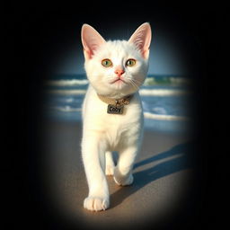 A cute white cat wearing a square collar with a name tag that says 'Coby', walking along a sandy beach